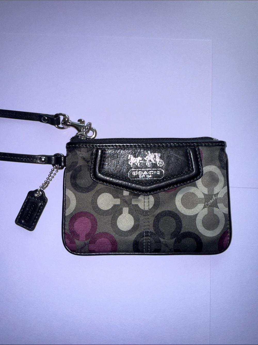 Coach Signature Wristlet in Black, Gray and Purple Accents